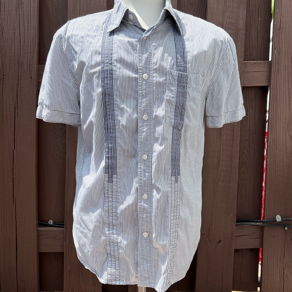 a x armani exchange for men fitted short sleeve stripe button shirt.